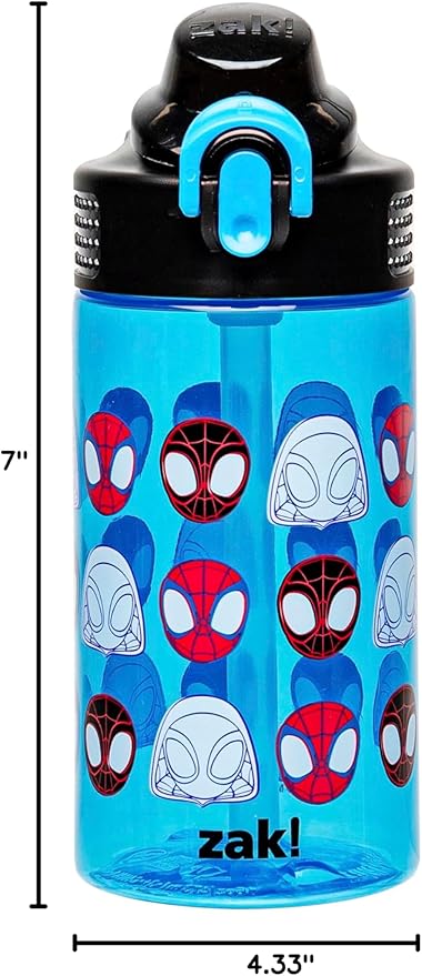Zak Designs Sage Marvel Spider-Man Water Bottle For School or Travel, 16oz Durable Plastic Water Bottle With Straw, Handle, and Leak-Proof, Pop-Up Spout Cover (Spidey and His Amazing Friends)
