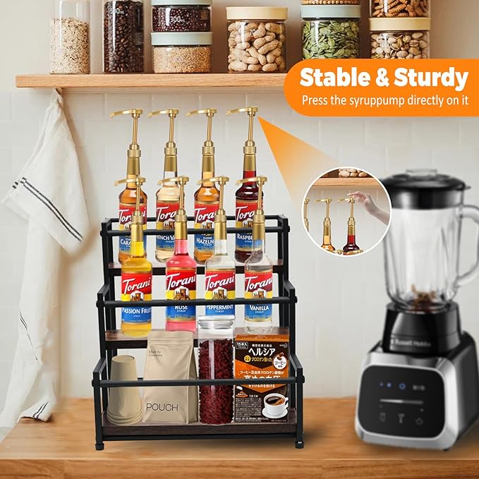 Coffee Syrup Rack - 3-Tier 12 Syrup Bottles Holder - Liquor Bottle Display Shelf - Kitchen Cabinet Organizer for Jars, Condiments - Wooden Countertop Organizer for Seasonings, Tea, or Coffee