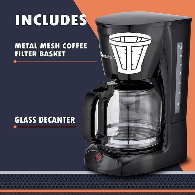Newhouse Electric Coffee Machine NHCM-001-12, 12-Cup Coffee Maker with Auto Shut Off, Electric Pot with Metal Mesh Coffee Filter Basket, ETL Certified for Hospitality and Residential Use