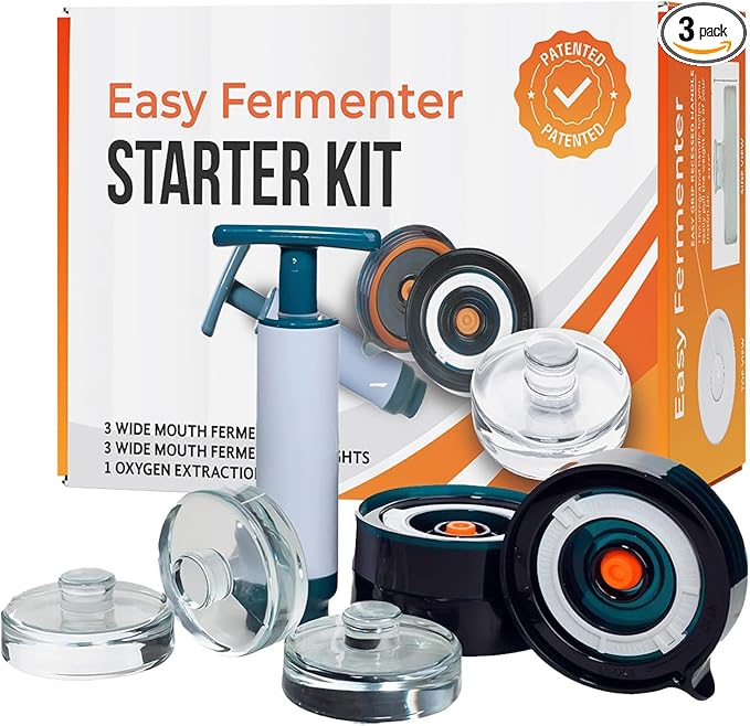 Fermentation Lids Starter Set, Includes 3 Airlock Fermentation Lids and 3 Glass Weights, Sauerkraut Fermenting Kit for Wide Mouth Mason Jar, Pickles, Vegetables, & Kimchi Making Kit