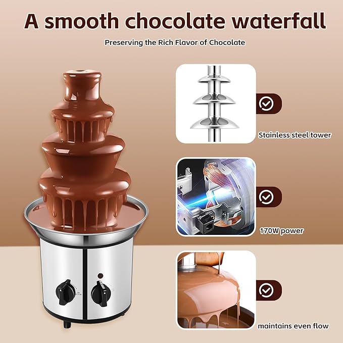 Chocolate Fountain Machine – Electric Stainless Steel Fondue Fountain, 4-Tier, 4-Pound Capacity for Chocolate, Candy, Butter & Cheese, Heated Bowl & Dual Controls