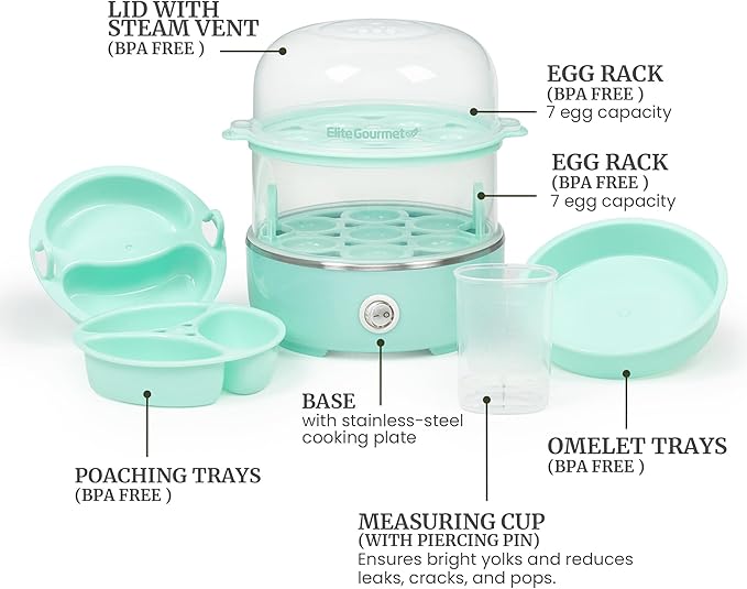 Elite Gourmet EGC1215M Easy Egg Cooker, Stainless-steel Heating Plate, Two-Tiered, 14-Egg Capacity, Soft, Medium, Hard-Boiled, Auto Shut-Off, Omelets, Poached Eggs, Measuring Cup, Piercing Pin, Mint