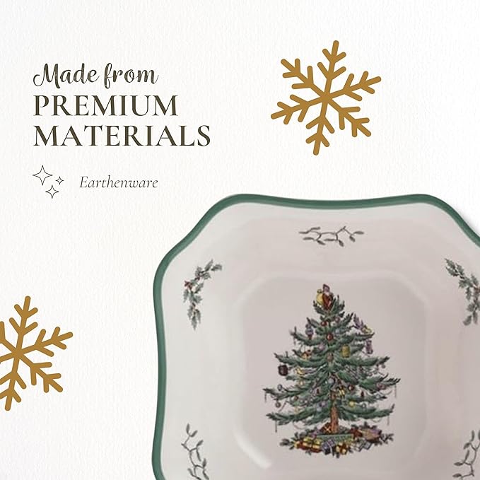 Spode Christmas Tree 9.5-Inch Square Salad Bowl - Ceramic Earthenware Serving Bowl for Salads, Soups, Pasta, and Side Dishes - Festive Holiday Dinnerware with Iconic Christmas Tree Design
