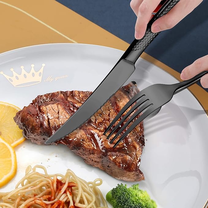 Lemeya 20-Piece Hammered Black Silverware Set for 4 with Serrated Forging Knives,18/10 Stainless Steel Modern Flatware Set,Unique Cutlery Set Spoons and Forks Set,Mirror Polished,Dishwasher Safe