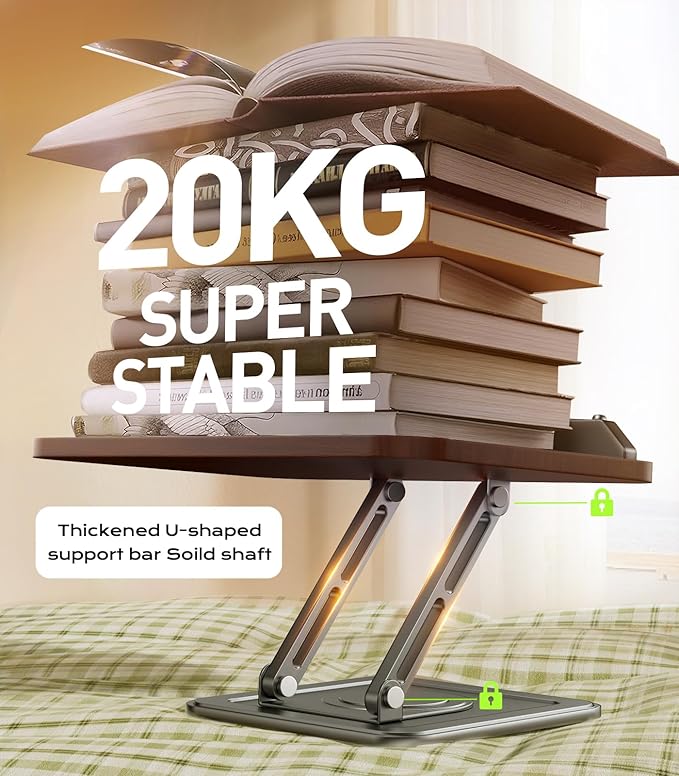 Book Stand for Reading, Adjustable Book Holder with 360°Rotating Bases, Ergonomic Cookbook Stand Recipe Book Holder with Elastic Page Clips for Magazines, Tablets, Laptops