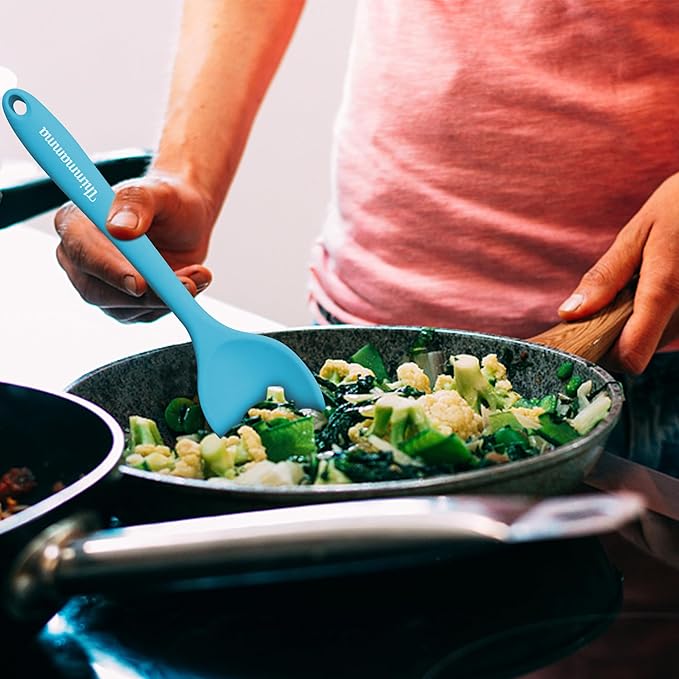 Silicone Cooking Spoons, Heat Resistant Large Silicone Pasta Slotted Spoon Solid Basting Spoon set for Nonstick Cookware, BPA Free Black Kitchen Silicone Spoons set for Mixing, Serving, Draining Blue