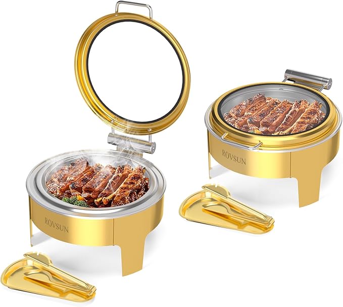 ROVSUN 6QT Gold Chafing Dishes for Buffet 2 Pack, Roll Top Chafing Dish Buffet Set, Round Chafers and Buffet Warmers Sets with Glass Lid & Serving Tong for Parties Weddings Catering Events Dinners