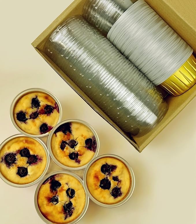 Disposable Muffin Pans with Lids, 5 oz Mini Cake Pans for Cupcake, Multi-purpose Aluminum Foil Baking Cup, Premium Dessert Cups, Creme Brulee Ramekins Oven Safe, 60 Pack