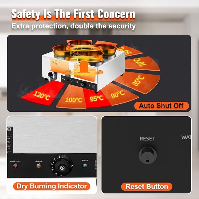 VEVOR Electric Soup Warmer, Four 7.4QT Stainless Steel Round Pot 86~185°F Adjustable Temp, 1500W Commercial Bain Marie with Anti-Dry Burn and Reset Button, Soup Station for Restaurant, Buffet, Silver