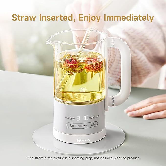 Bear HK-5L06P04 Mini Health Pot, Electric Kettle Tea Maker with Infuser, Glass Kettle & 316L Stainless Steel, 6 Auto Menus, 0.6L Compact Size, White