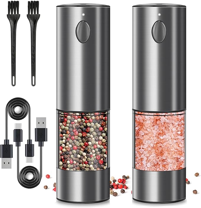 Electric Salt and Pepper Grinder Set, Upgraded Larger Capacity Stainless Steel Automatic Salt and Pepper Mill Set Refillable with 5 Adjustable Coarseness Stainless Steel Color Shaker