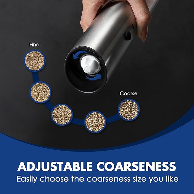 Vzaahu Gravity Electric Pepper and Salt Grinder Set of 2 - Rechargeable, Refillable, Adjustable Coarseness, Stainless Steel Seasalt Peppermill with LED light - One Hand Operation (Sliver)