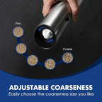 Vzaahu Gravity Electric Pepper and Salt Grinder Set of 2 - Rechargeable, Refillable, Adjustable Coarseness, Stainless Steel Seasalt Peppermill with LED light - One Hand Operation (Sliver)