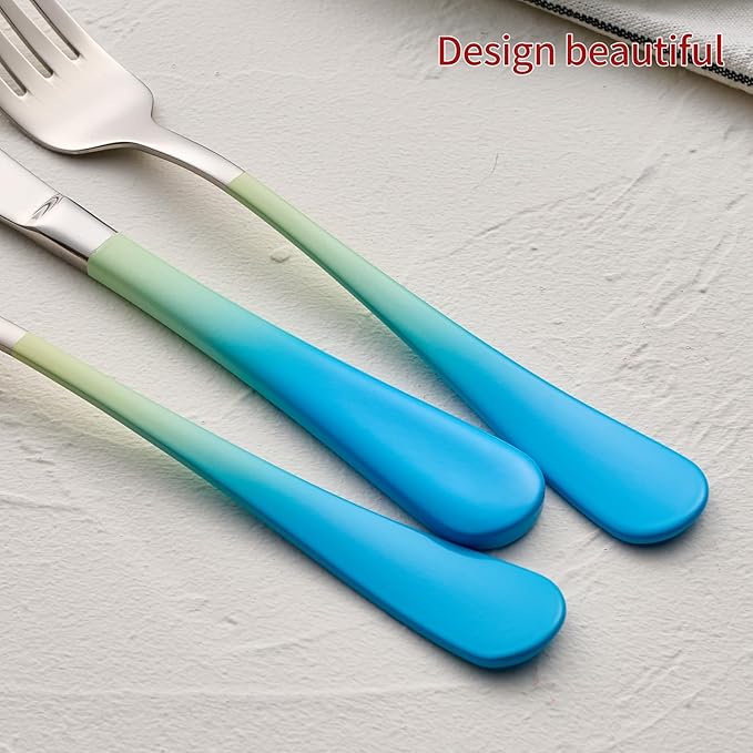 Colorful Silverware Set 20 Piece 18/0 Stainless Steel Flatware Blue and Yellow Handle Cutlery Set Service for 4 Fork Knife Spoon Set Mirror Finish Dishwasher Safe