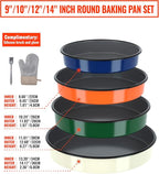 Round Baking Pan Set Roasting Dish 4-Pack 9/10/12/14 Inch Enamel Non Stick Large Cookware for Cake Bread Pie Pizza Turkey Steak, Non-Toxic Oven Dishwasher Safe, Christmas Gift Bakeware