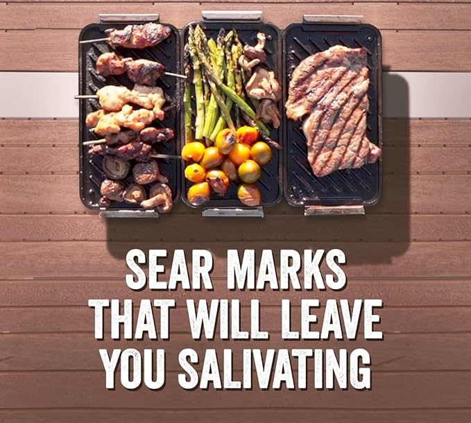 Yukon Glory SEAR 'N SERVE Cast Iron Grill Pan Set - Includes 3 Cast Iron Grilling Baskets & Clip-On Handle - Ideal for Stove Tops or Outdoor Grills