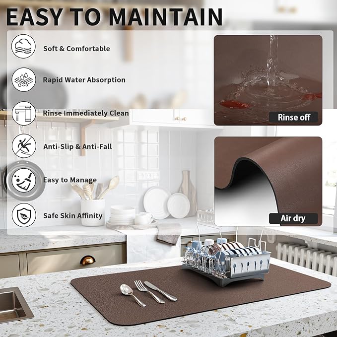 Dish Drying Mat for Kitchen Counter, Heat Resistant Drainer Mats with Non-slip Rubber Backed, Hide Stain Kitchen Super Absorbent Draining Mat, Easy to Clean Dish Rack Pad, Brown 18"x24"