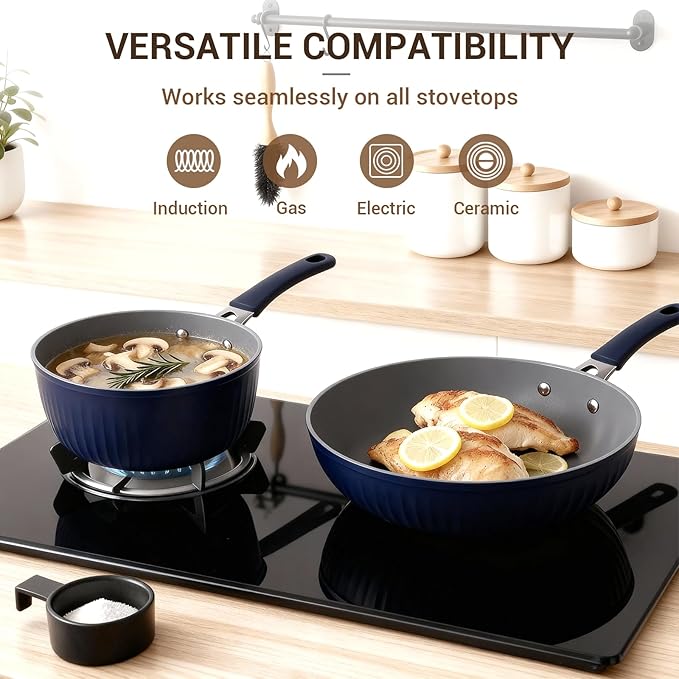 Ammeloo 15-Piece Ribbed Ceramic Cookware Set, Pots and Pans Set Non Stick, Induction Ready, Healthy Non Toxic Kitchen Cooking Set PFAS/PFOA/PTFE-Free, Silicone-wrapped Stay-Cool Handle