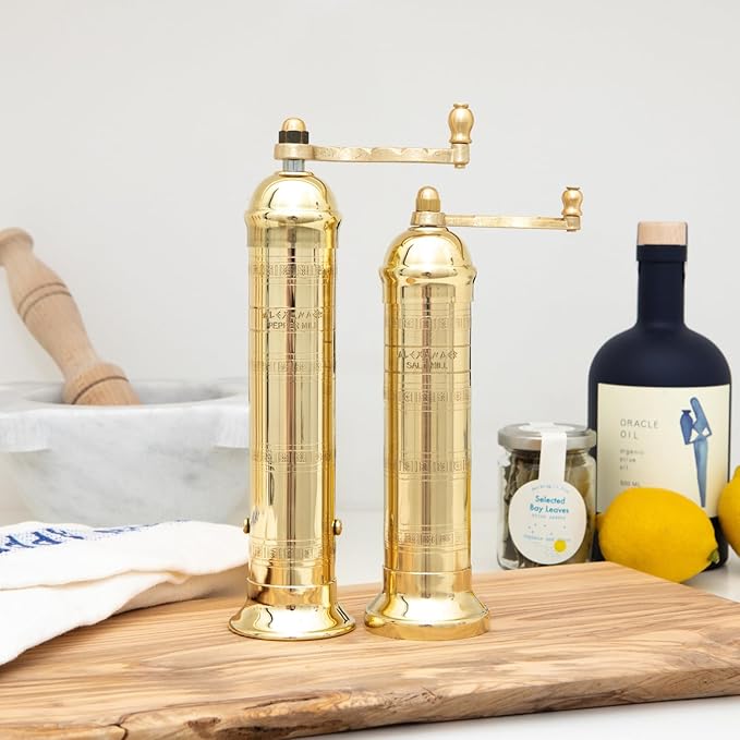 The Original Greek Pepper Mill 10 Inch Tall | European Pepper Mill Grinder with Crank Handle | Manual Pepper Grinder | Peppercorns Refillable - Brass