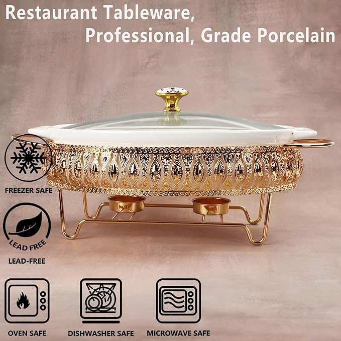 11" x 7" Ceramic Oval Casserole Dish with Glass Lid and Gold rack, 1.3 Quart White Serving Soup Tureen,Chafing Dish for Buffet, Family Food preserve Tray, Catering Casserole for Party Style