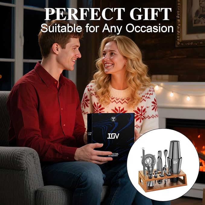 IOV Mixology Bartender Kit Bar Set with Stand | 17-Piece Cocktail Shaker Set | 28oz Boston Shaker Drink Mixer Set with All Essential Accessory Tools | Fun Housewarming Gift (Black)