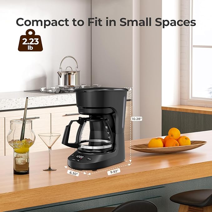 5-Cup Programmable Coffee Maker with 24h Timer, Small Drip Coffee Machine with Auto Shut-off, 2h Keep Warm, BPA-free Glass Carafe Coffee Pot, Delay Brew, 25oz Water Tank, Compact for Home/RV/Dorm