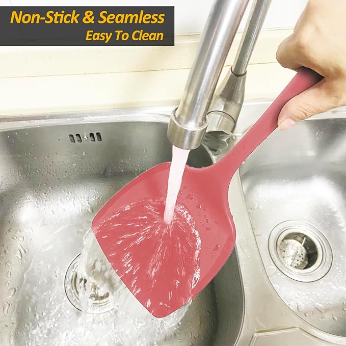 Silicone Pancake Spatula Turner with Lengthened Handle& Seamless Design, Heat Resistant Cooking Spatulas for Nonstick Cookware, Large Flexible Kitchen Utensils, Flipper for Egg, Pancake, Burger, Red