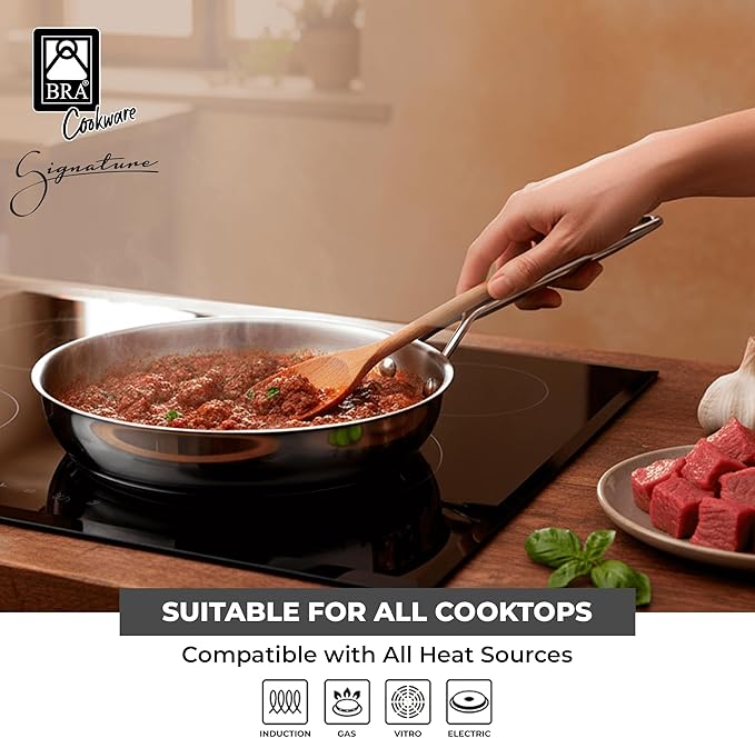 BRA COOKWARE Signature Frying Pan | 10.2 inches Professional Skillet | Stainless Steel Frypan | All Stovetop Compatible - Full Induction Skillet | PFOA Free | w/o Non-Stick Coating | Polished Finish