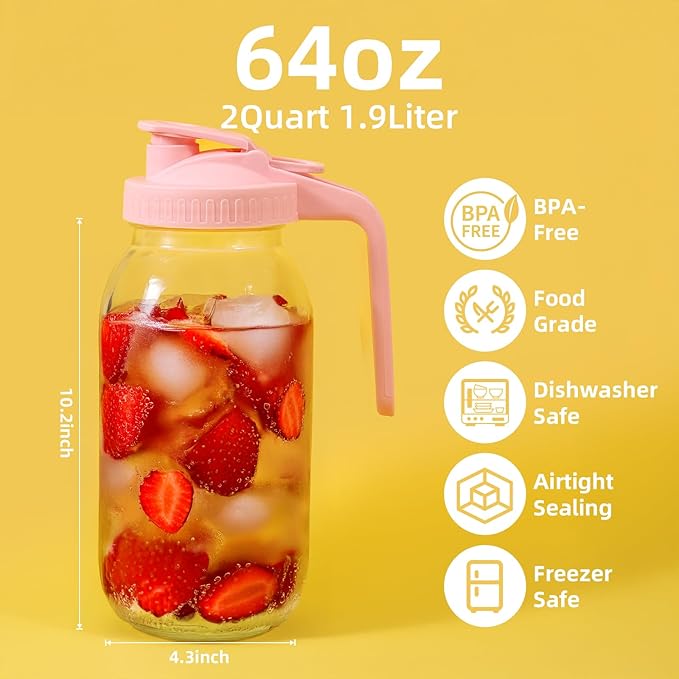 Glass Mason Jar Pitcher - 64 oz/2 Quart Wide Mouth Jug with Lid and Pour Spout, Airtight Seal, Leak Proof Iced Tea Pitcher for Sun Tea, Juice, Breast Milk, Cold Beverages, Coffe