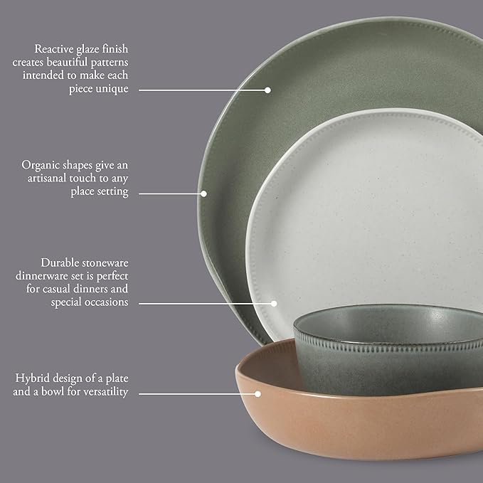 Gibson Elite Menlo Park 16-Piece Pottery Clay Stoneware Dinnerware Set – Assorted Color Reactive Glaze, Organic Shape Embossed Plates and Bowls W/Pasta Bowl, Service for 4 Microwave Dishwasher Safe