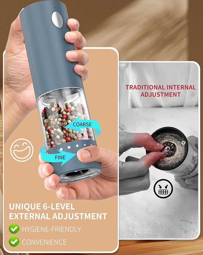 CIRCLE JOY Electric Salt and Pepper Grinder Set Automatic Salt and Pepper Grinder Set with Easy-to-Carry Charging Base and LED Light, Adjustable Coarseness, USB Rechargeable, Washable Container, Blue