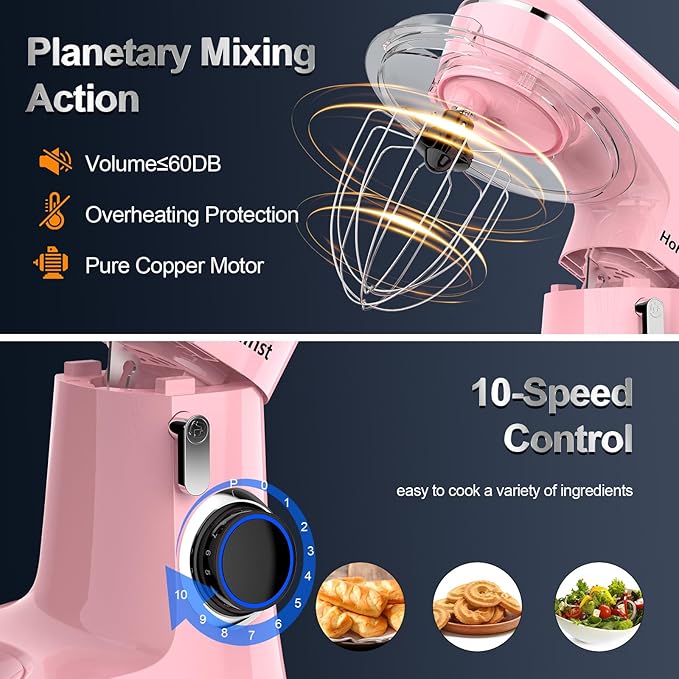 Stand Mixer, 6.5QT 10-Speed Tilt-Head Electric Stand Mixer, 3-In-1 Kitchen Mixer with Bowl, Dough Hook, Whisk and Beater, Food Mixer for Baking, Cake and Most Home Cooks, Pink