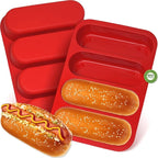 Silicone Hotdog Bun Pan, 6 Inch Standard Hot dog Bun Mold, 4 Cup Non-stick Homemade Hotdog Bun Baking Pans, Mini Baguette Pans, Dishwasher Safe, 2 Pcs (Red)