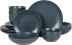 Gibson Home Queenslane 16-Piece Matte Blue Stoneware Dinnerware Set – Double Bowl Plates and Bowls, Durable Kitchen Dinner Set