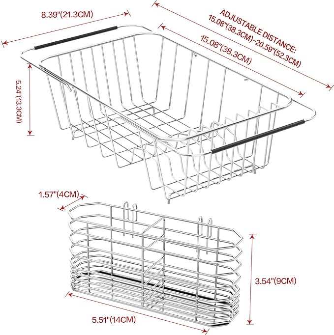 Small Dish Drainer Rack in Sink Adjustable, Expandable Stainless Steel Metal Dish Drying Rack Organizer with Stainless Steel Utensil Holder Over Inside Sink Counter, Rustproof(for 1-2 People)