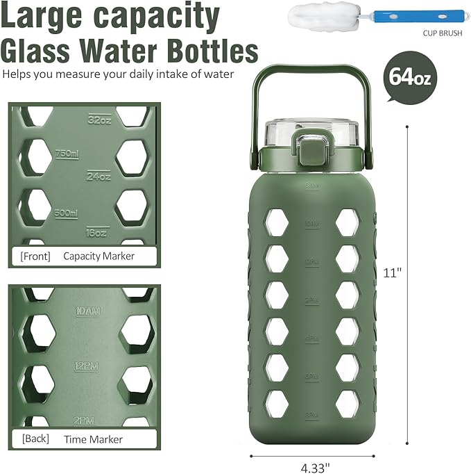 MUKOKO Half Gallon/64 oz Glass Water Bottles with Straw and Lid,Motivational Water Jug with Time Marker Reminder and Silicone Sleeve,100% Leakproof BPA Free Fitness Sports Large Bottle-Olive