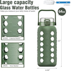 MUKOKO Half Gallon/64 oz Glass Water Bottles with Straw and Lid,Motivational Water Jug with Time Marker Reminder and Silicone Sleeve,100% Leakproof BPA Free Fitness Sports Large Bottle-Olive