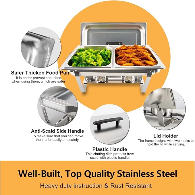 3 Pack 8QT Rectangular Chafing Dish Buffet Set Stainless Steel Catering Chafers Food Warmer with Full,Half Food Pan,Fuel Holder,Foldable Frame For Weddings/Parties/Banquets Events