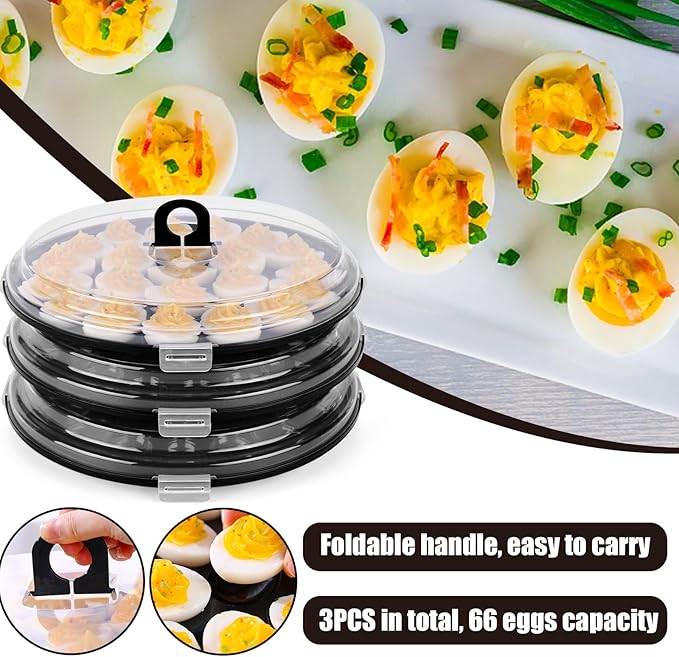 HANSGO Deviled Egg Containers with Lid, 3PCS Deviled Egg Platter Carrier Holder Trays with 66 Slots for Party and Home Kitchen, Black
