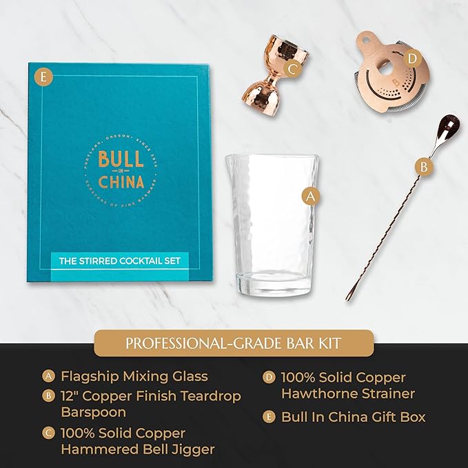 4 Piece Cocktail Kit by Bull In China - Premium Bartender Gift Set Includes Flagship Mixing Glass, 12 inch Barspoon, Bell Jigger & Hawthorne Strainer For Professional & Home Bars (Copper)