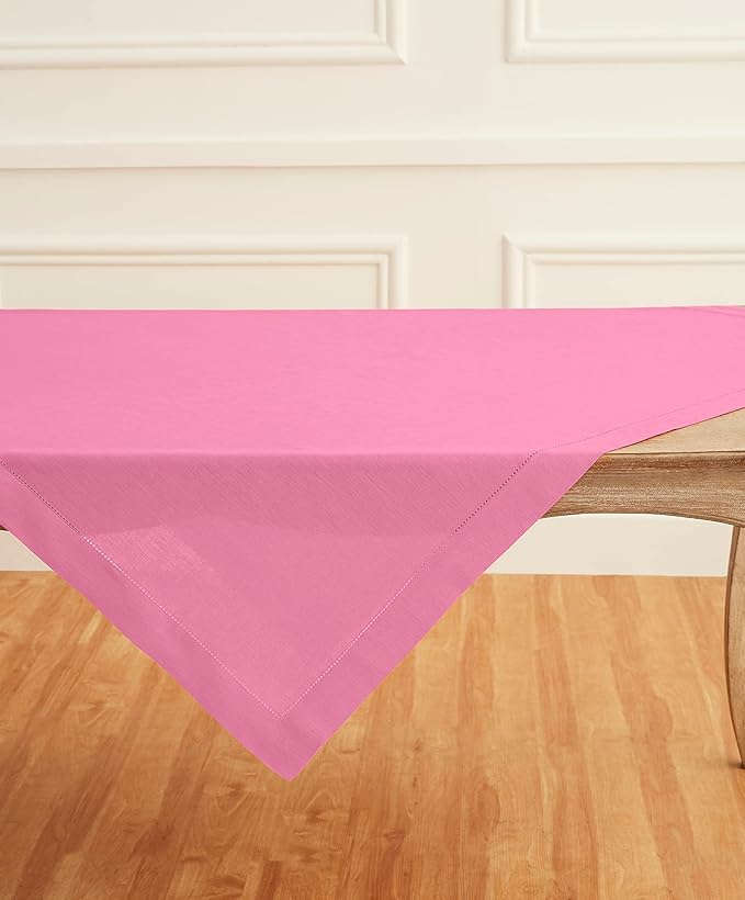 Solino Home Square Linen Tablecloth 52 x 52 Inch - 100% Pure Linen Flamingo Pink Table Throw - Classic Hemstitch, Machine Washable Table Cloth for Summer, Halloween