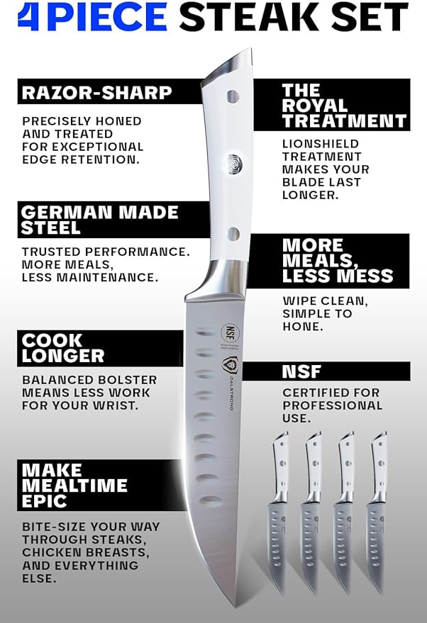 Dalstrong Steak Knife Set-4-5 Straight Blade Edge-Gladiator Series-Forged German High-Carbon Steel-w/Sheaths-Glacial White ABS Handle-Dinner Set Kitchen Knives