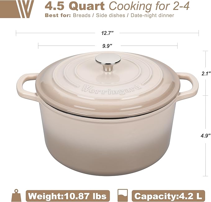 Enameled Cast Iron Dutch Oven Pot with Lid, for Sourdough Bread Baking, Round Dutch Ovens, 4.5 Quart, Latte