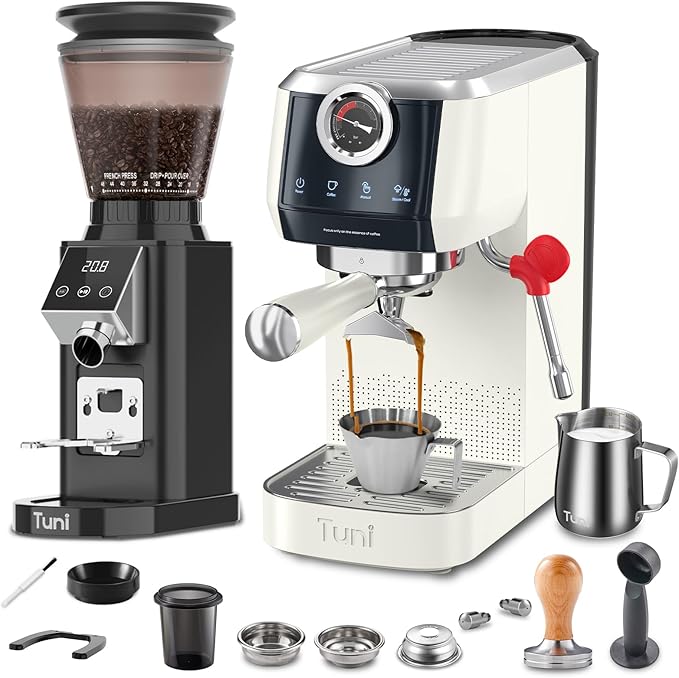 Tuni E2 𝑬𝒔𝒑𝒓𝒆𝒔𝒔𝒐 𝑴𝒂𝒄𝒉𝒊𝒏𝒆 with G1 Noir 𝑪𝒐𝒏𝒊𝒄𝒂𝒍 𝑪𝒐𝒇𝒇𝒆𝒆 𝑮𝒓𝒊𝒏𝒅𝒆𝒓 Combo Set, 20Bar 58mm Dual Boiler Coffee Maker, 48 Grinding Settings Burr Mill