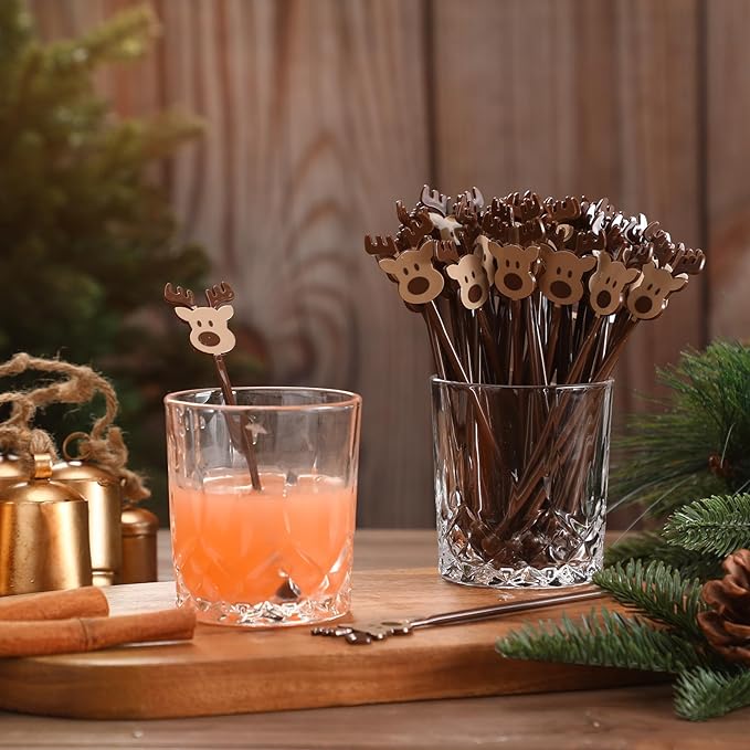 Chengu 100 Pcs Christmas Drink Stirrers Xmas Stir Sticks Bulk Holiday Coffee Stirrers Plastic Swizzle Stick Hot Cocoa Bar Supplies Chocolate Decoration Reusable Cocktail Mixer(Reindeer)