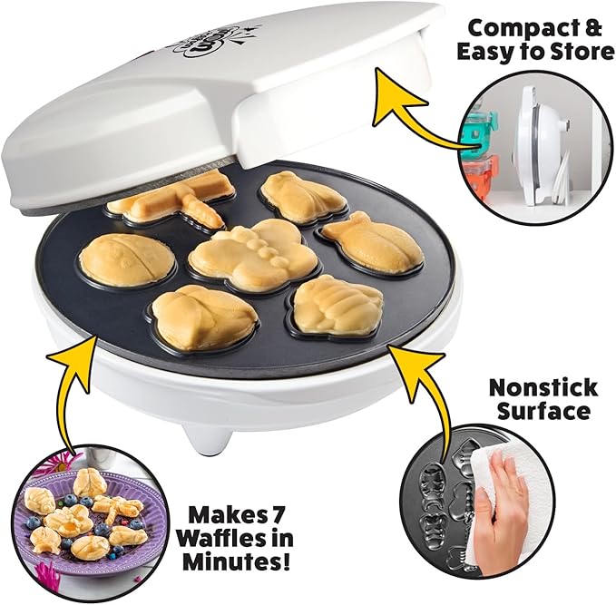 The Original Creepy Crawly Bug Waffle Maker- 7 Fun Different Insect Shaped Pancakes- Includes a Butterfly Lady Bug Bee & More- Electric Nonstick Waffler Iron, Morning Breakfast Treat or Kids Xmas Gift