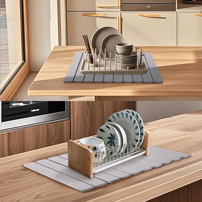 Coolcandy 24x16" Large Stone Dish Drying Mat, Quick Drying Mat Kitchen Counter, Foldable Kitchen Drying Mat, Diatomaceous Earth Stone Drying Mat, Collapsible Dish Mat Kitchen Mat For Drying