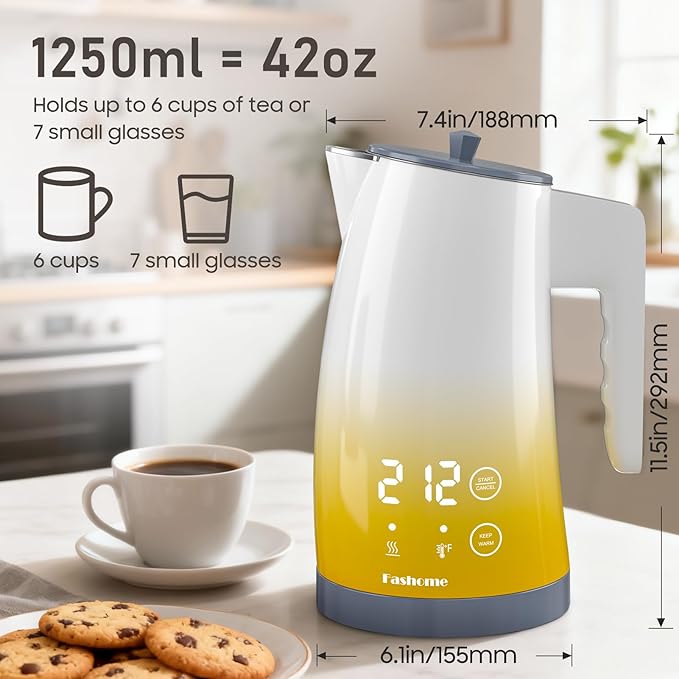 Electric Kettle with 5-Temperature Control,1.25L Cordless,Penguin Shape Design,1200W with Keep Warm and Auto Shut-Off,Perfect for Tea,Coffee & Themed Kitchen(Yellow Gradient)