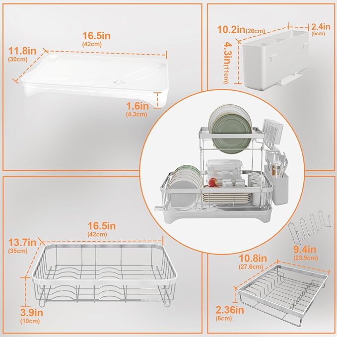 Dish Drying Rack - 304 Stainless Steel Dish Rack for Kitchen Counter, Adjustable Spout Auto-Draining Dish Rack, 2-Tier Kitchen Organizers and Storage Rack with Drainboard and Cutlery Holder White