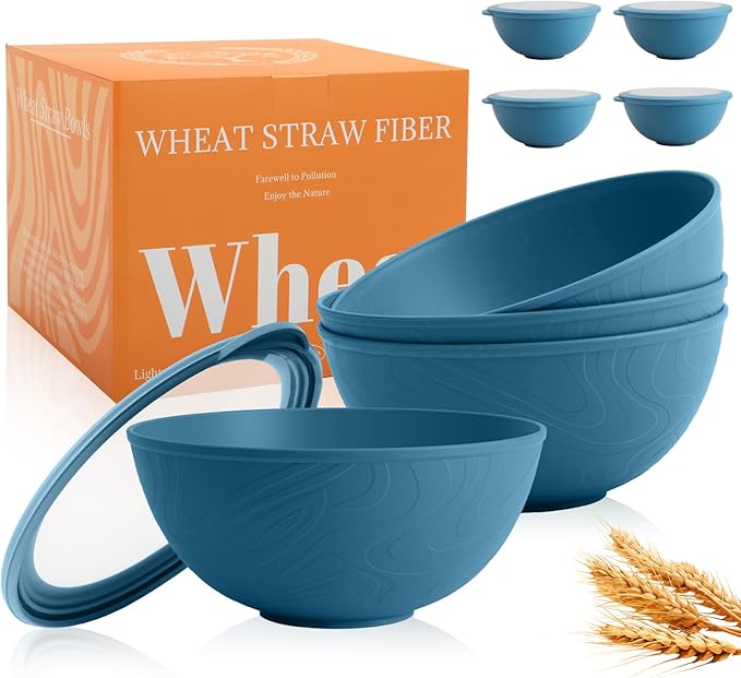 40 OZ Bowls Set of 4, Unbreakable Lightweight Bowls Set with Lid, Microwave & Dishwasher Safe Lunchable Containers, Plastic Reusable Cereal Bowl for Soup, Salad, Noodle, Snack, Fruit, Blue